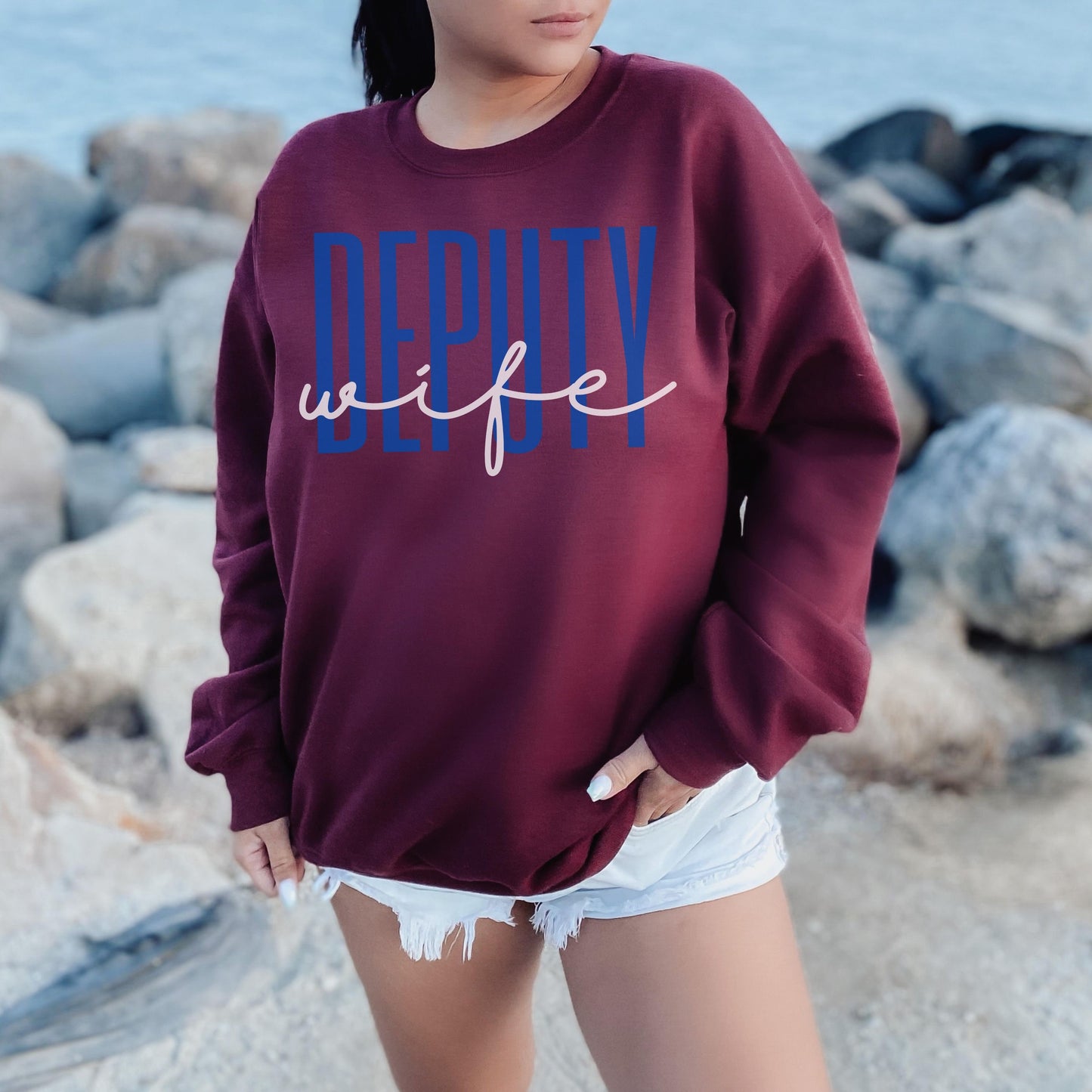 Deputy Wife Crewneck Sweatshirt, gift for deputy wife, police wife, badge number, thin blue line shirt, new deputy wife engagement gift