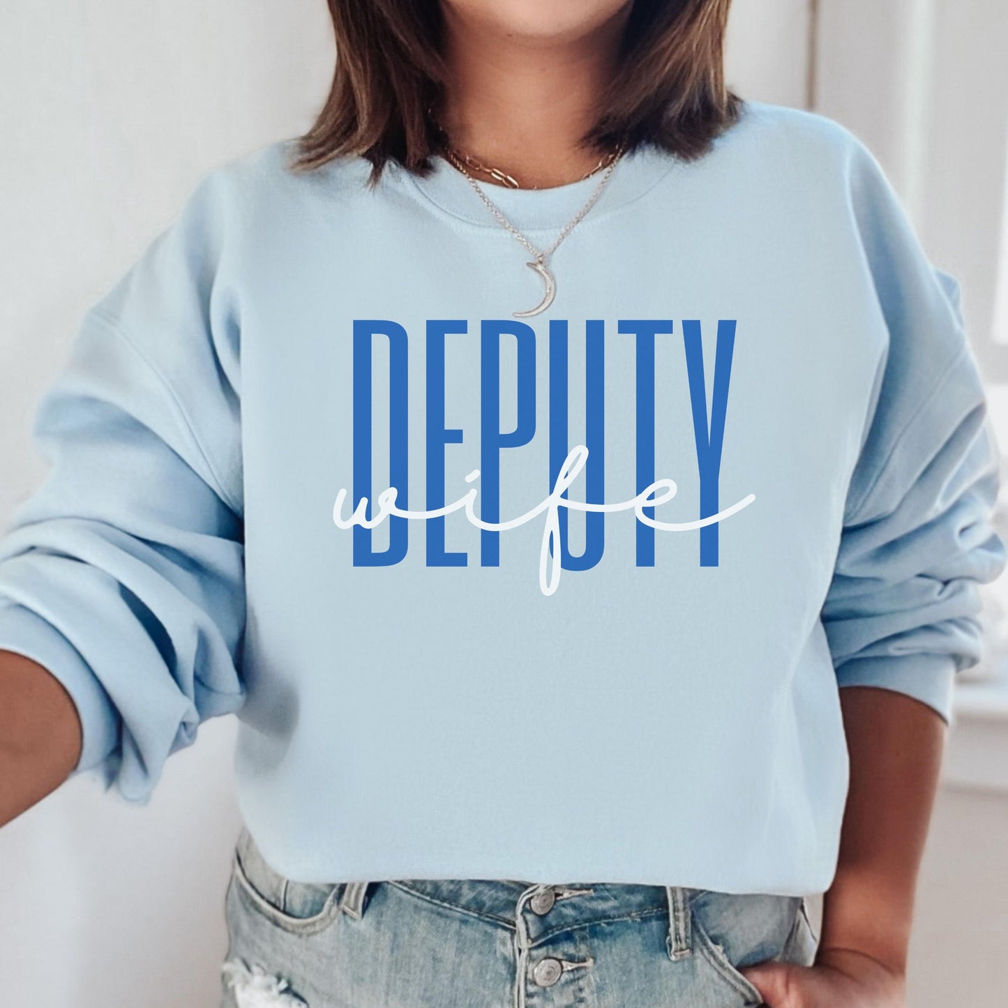 Deputy Wife Crewneck Sweatshirt, gift for deputy wife, police wife, badge number, thin blue line shirt, new deputy wife engagement gift